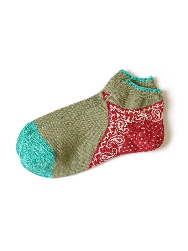 96 Heels Paisley Bandana Ankle Socks - Khaki/Red