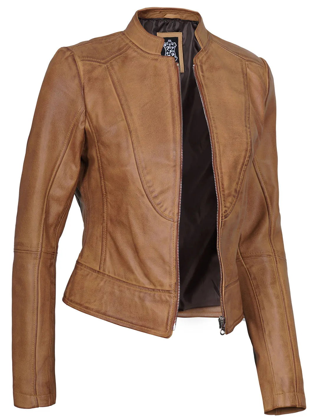 Amy Womens Camel Leather Moto Jacket