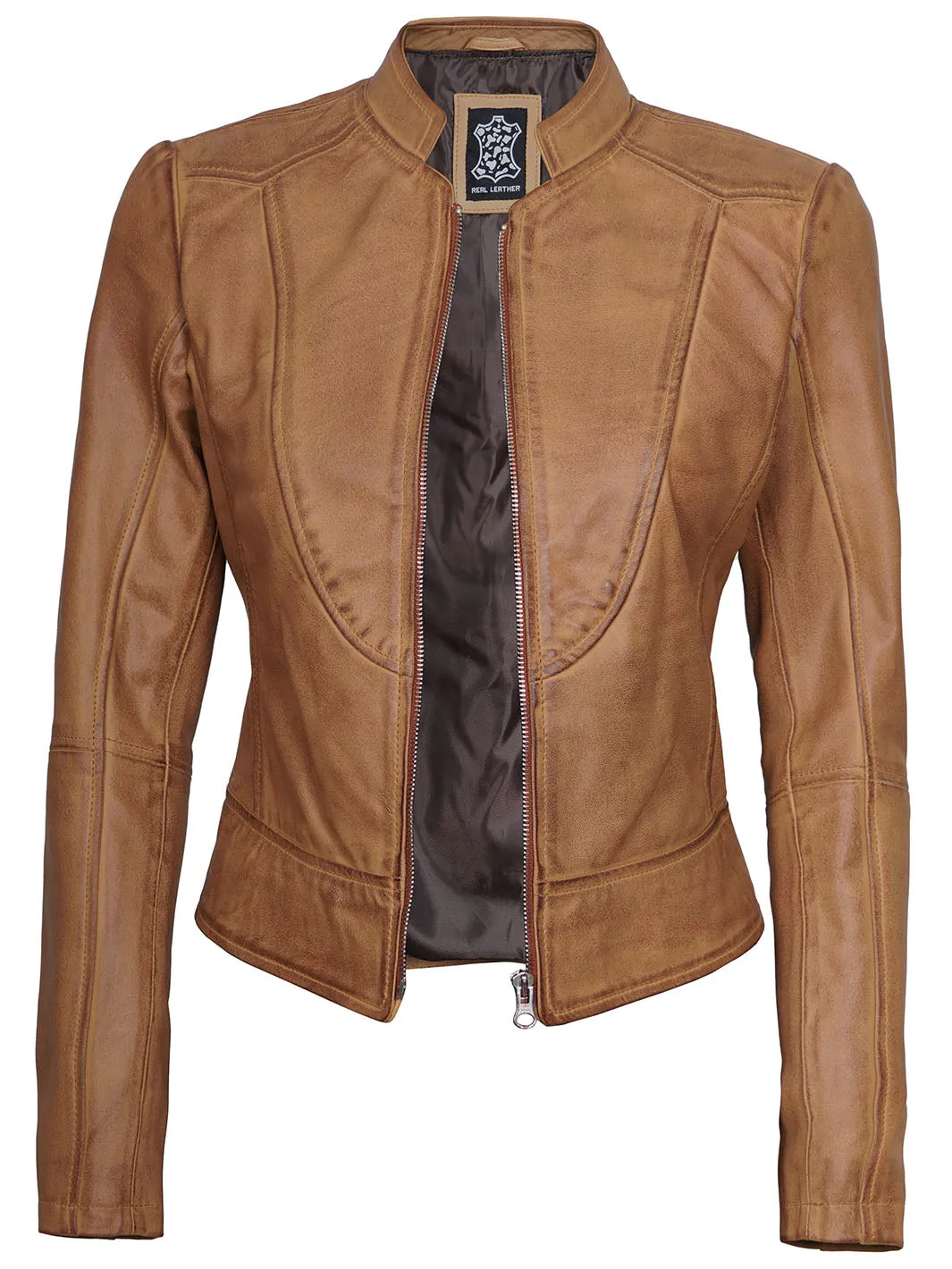 Amy Womens Camel Leather Moto Jacket