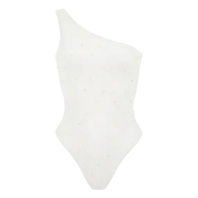 Ariel One Shoulder White Beaded Swimsuit