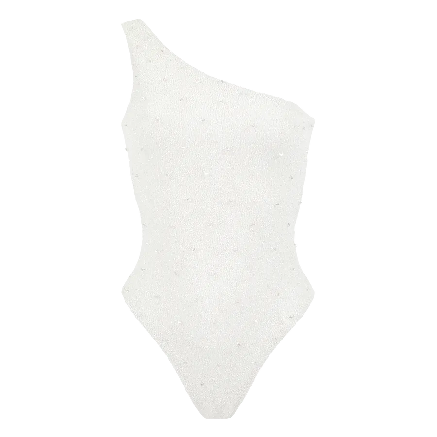 Ariel One Shoulder White Beaded Swimsuit