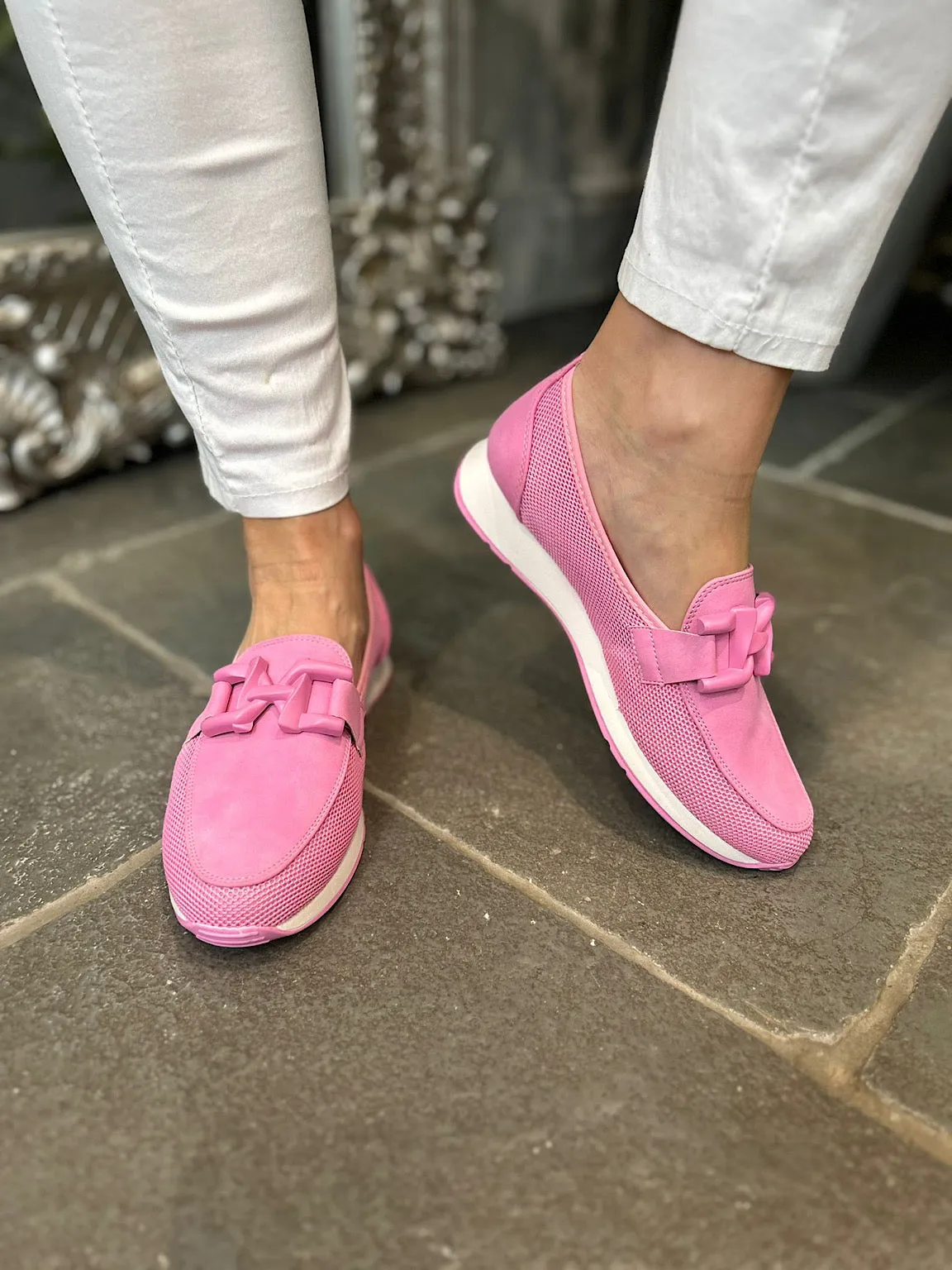 Candy Pink Chain Detail Mesh Loafer Size 7