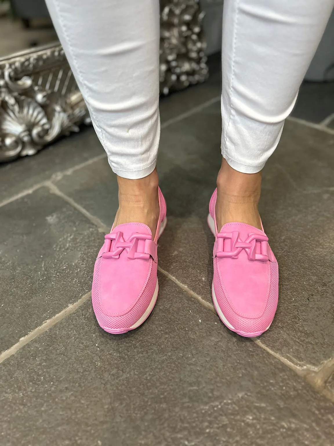 Candy Pink Chain Detail Mesh Loafer Size 7