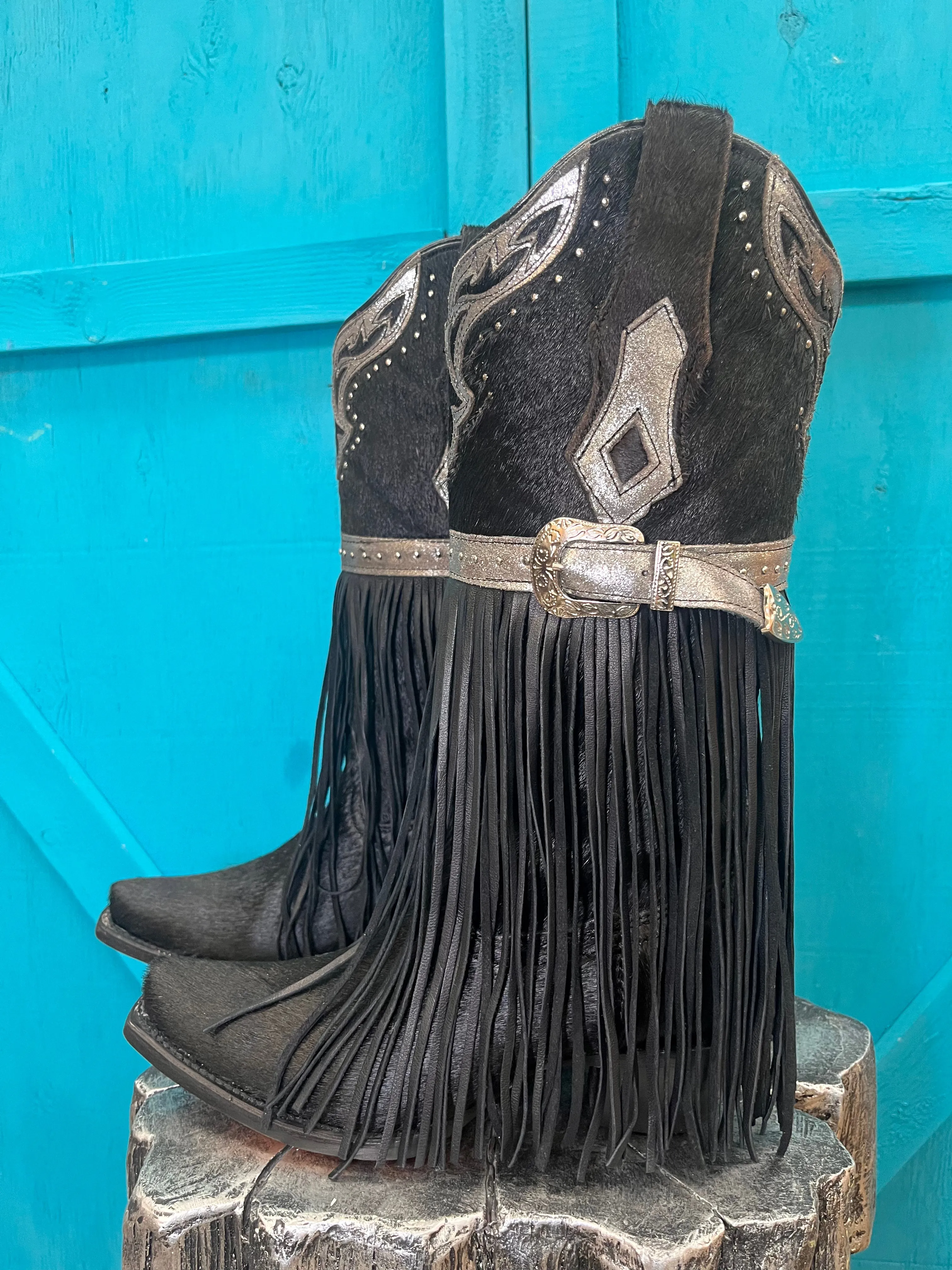 Corral Women's Fringed Black Hair-On Hide Cowgirl Boots C4082