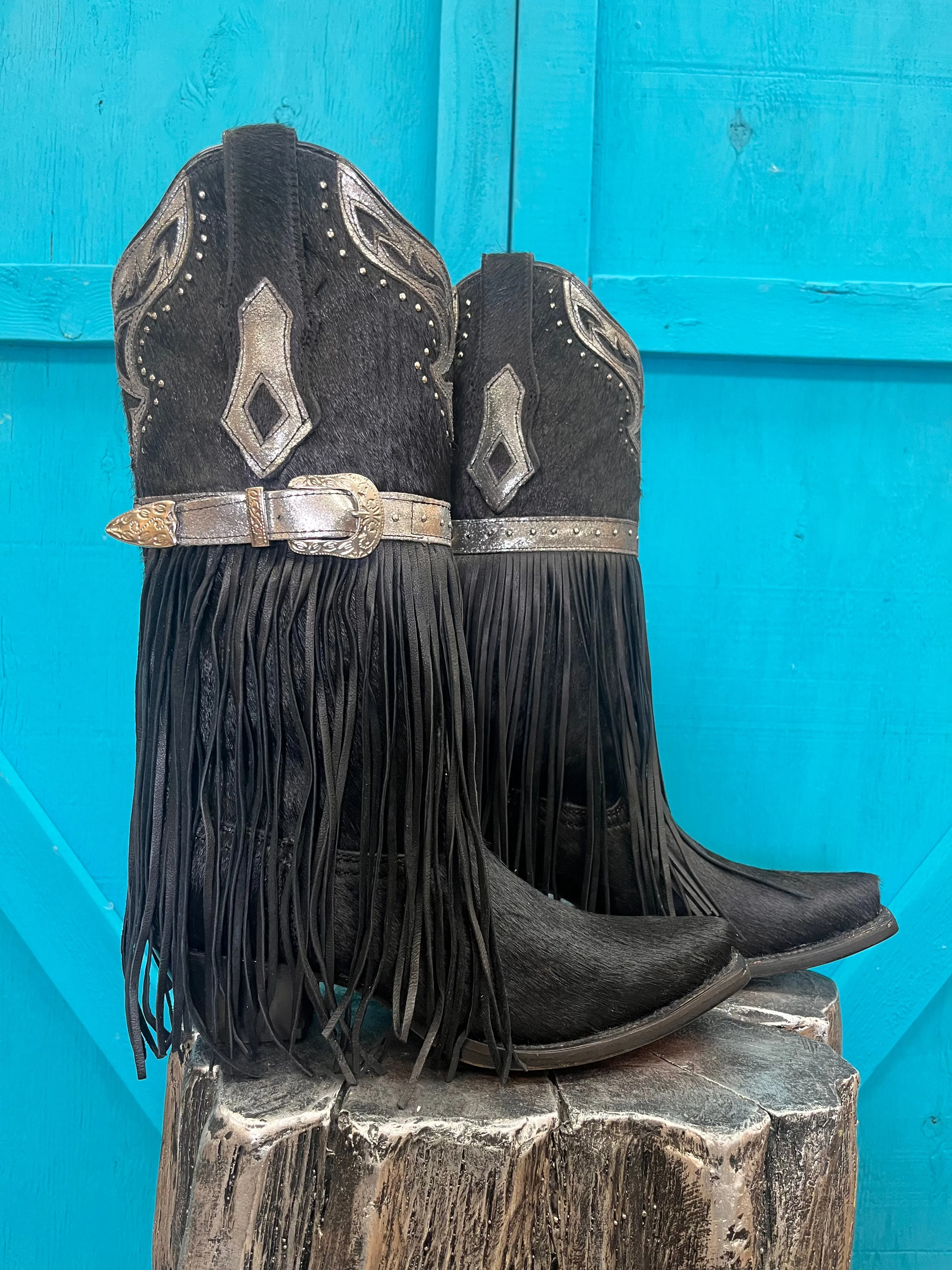 Corral Women's Fringed Black Hair-On Hide Cowgirl Boots C4082