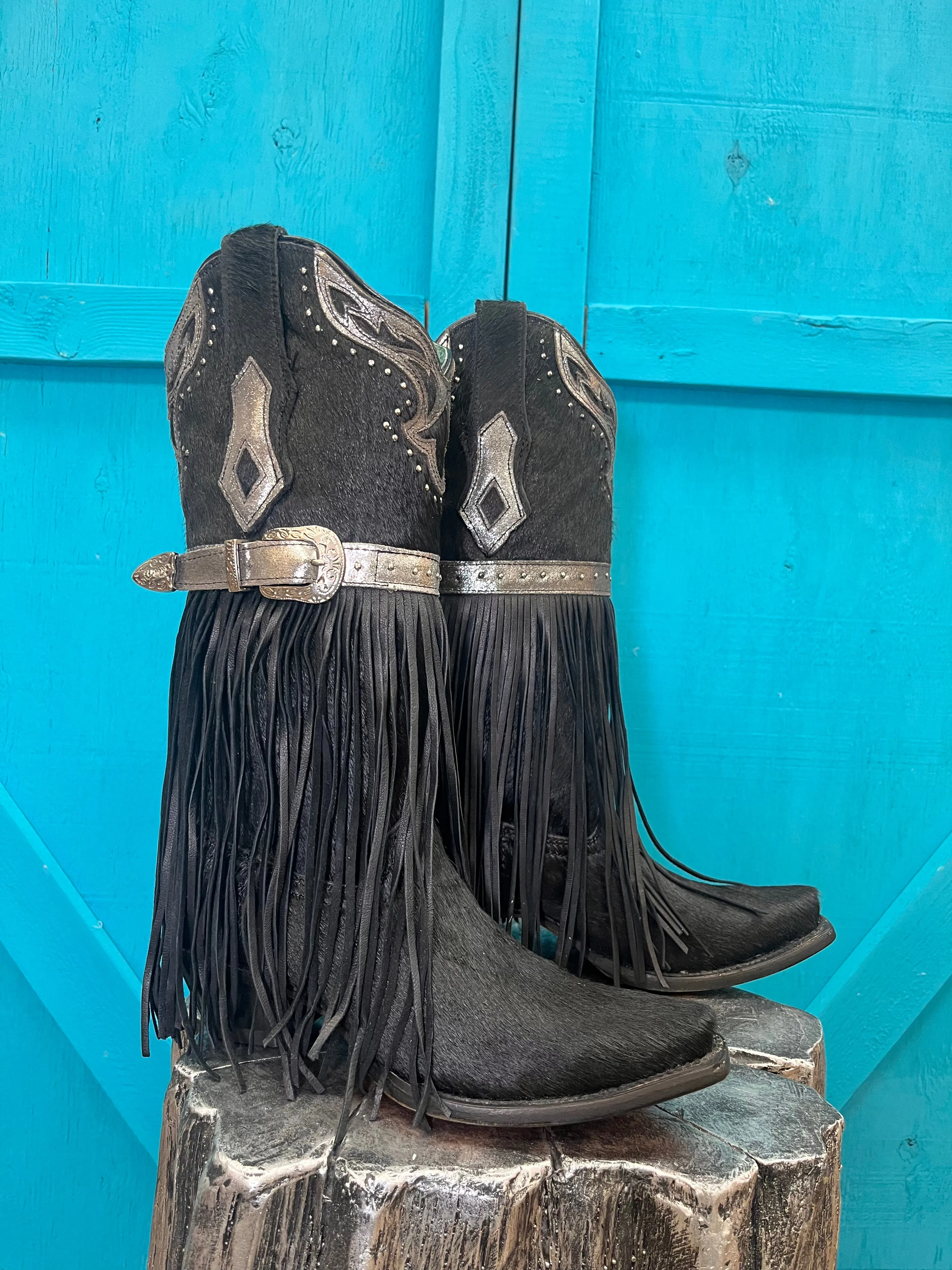 Corral Women's Fringed Black Hair-On Hide Cowgirl Boots C4082