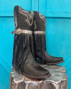 Corral Women's Fringed Black Hair-On Hide Cowgirl Boots C4082