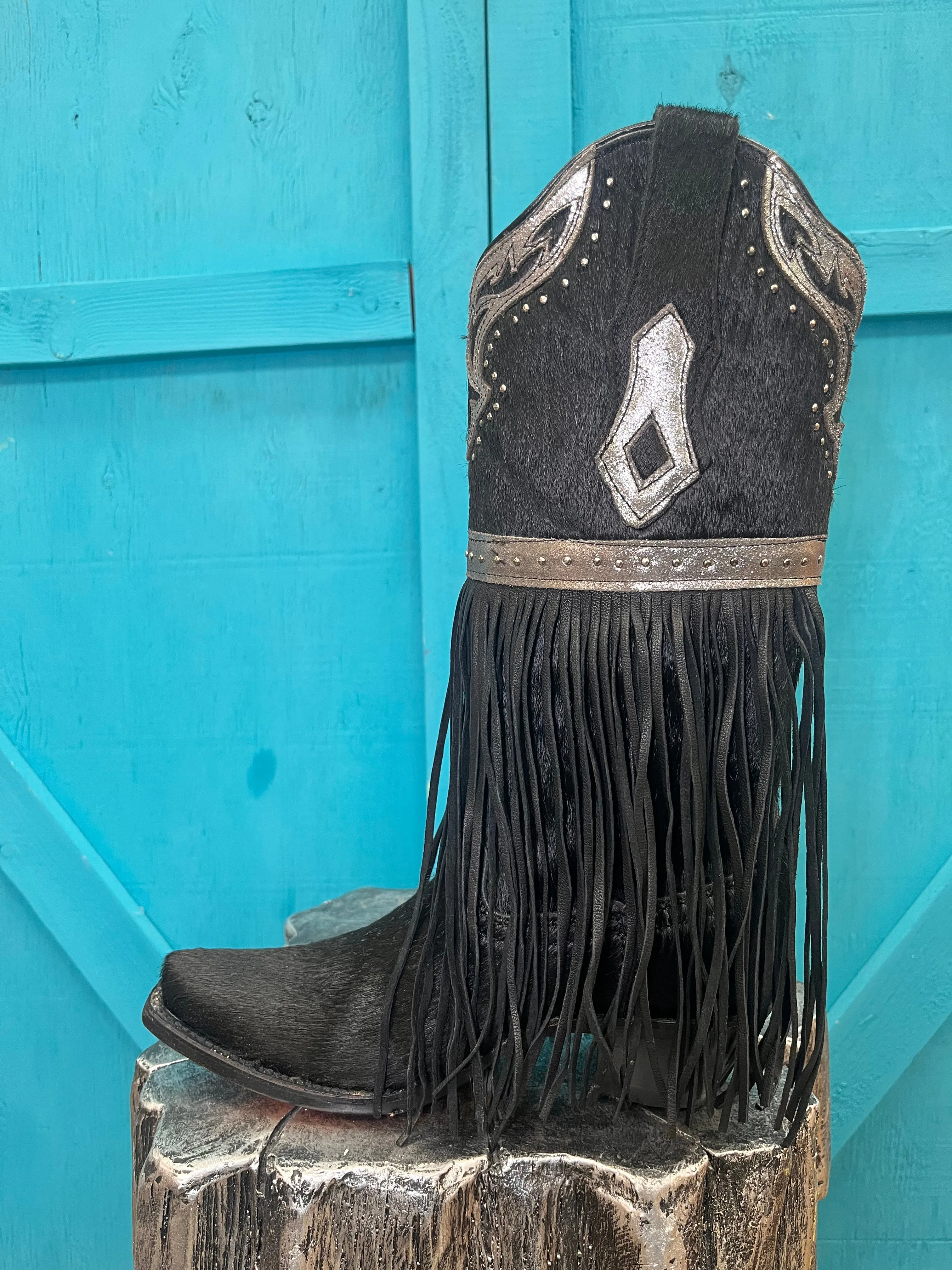 Corral Women's Fringed Black Hair-On Hide Cowgirl Boots C4082