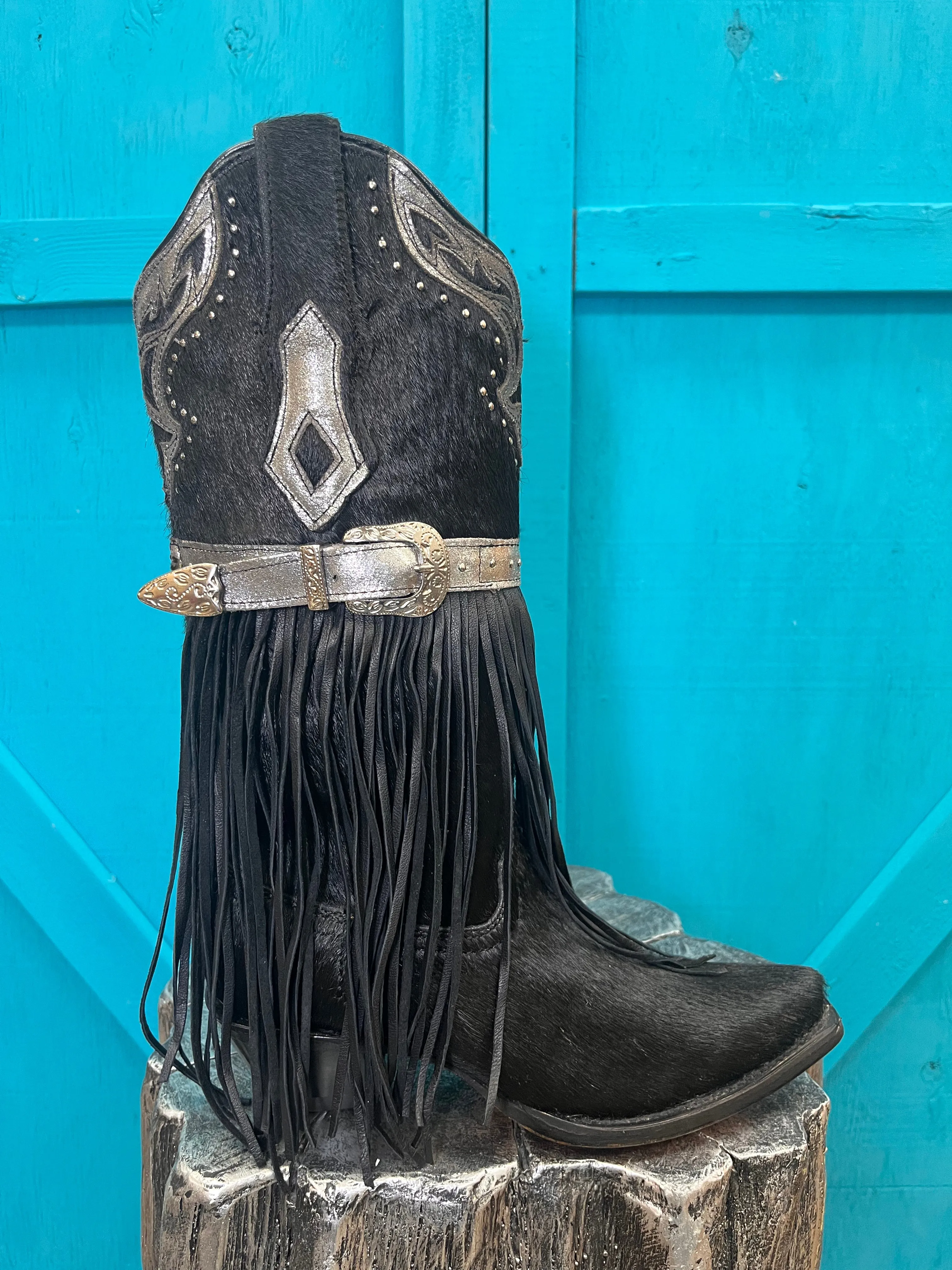 Corral Women's Fringed Black Hair-On Hide Cowgirl Boots C4082