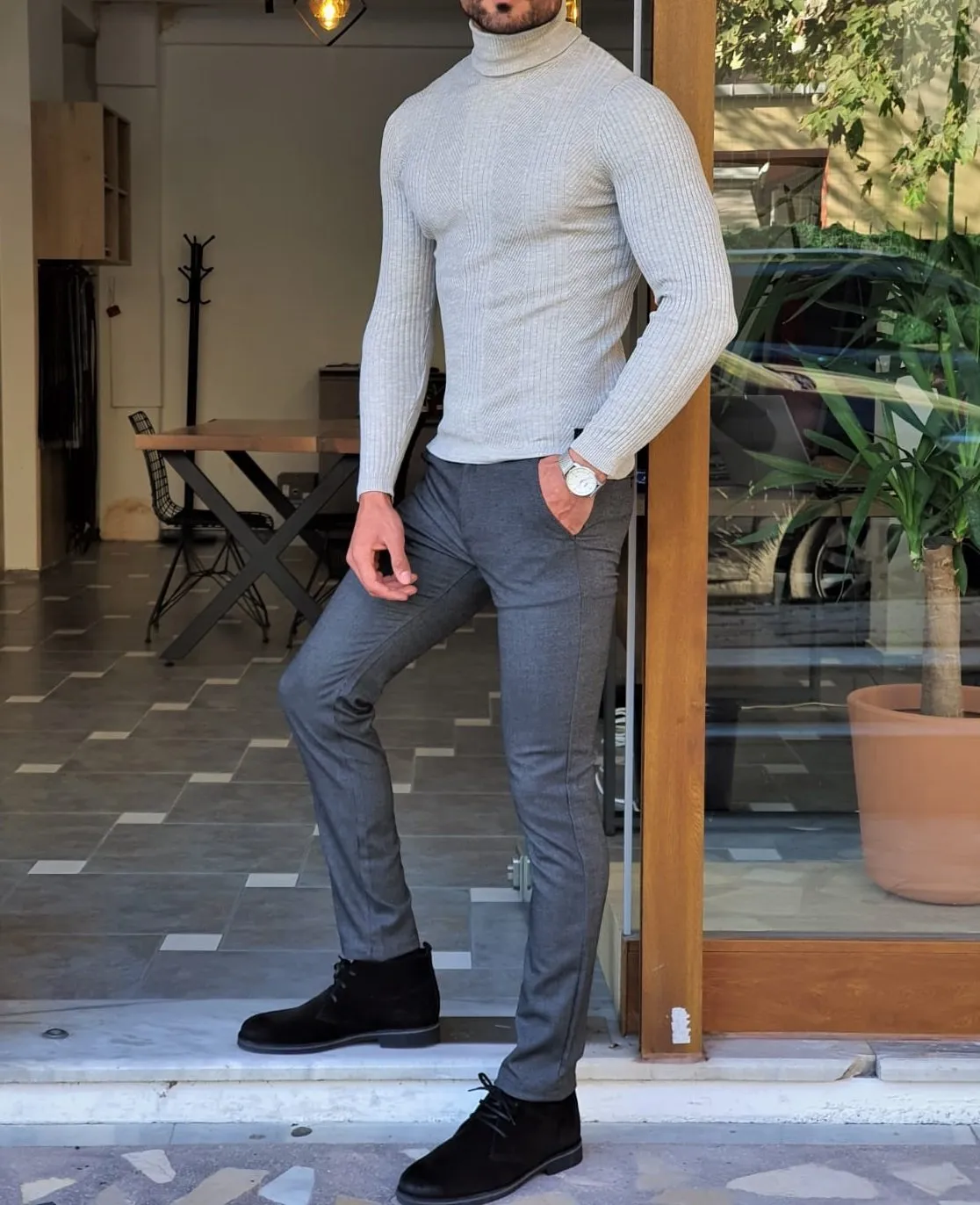 Elko Gray Slim Fit Striped Turtleneck Wool Sweater