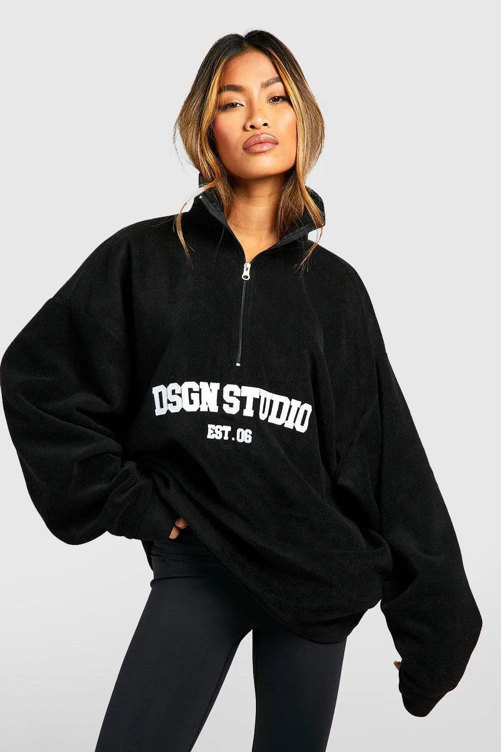 Hoodies & Sweatshirts | Dsgn Studio Slogan Embroidered Half Zip Oversized Polar Fleece Sweatshirt | boohoo