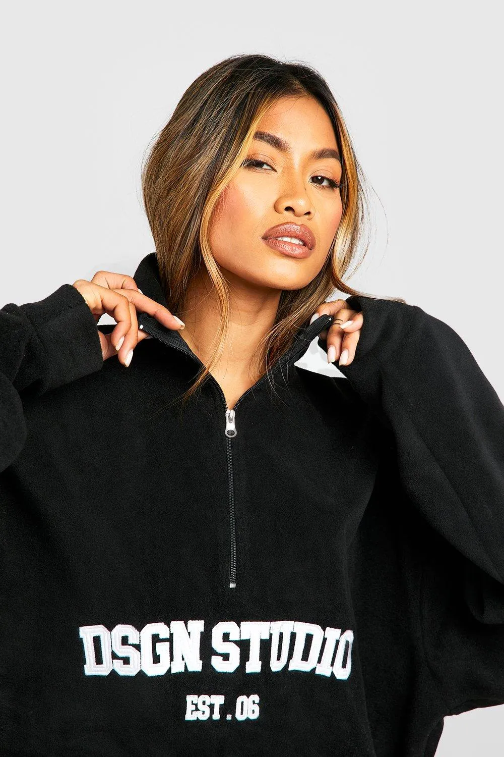 Hoodies & Sweatshirts | Dsgn Studio Slogan Embroidered Half Zip Oversized Polar Fleece Sweatshirt | boohoo