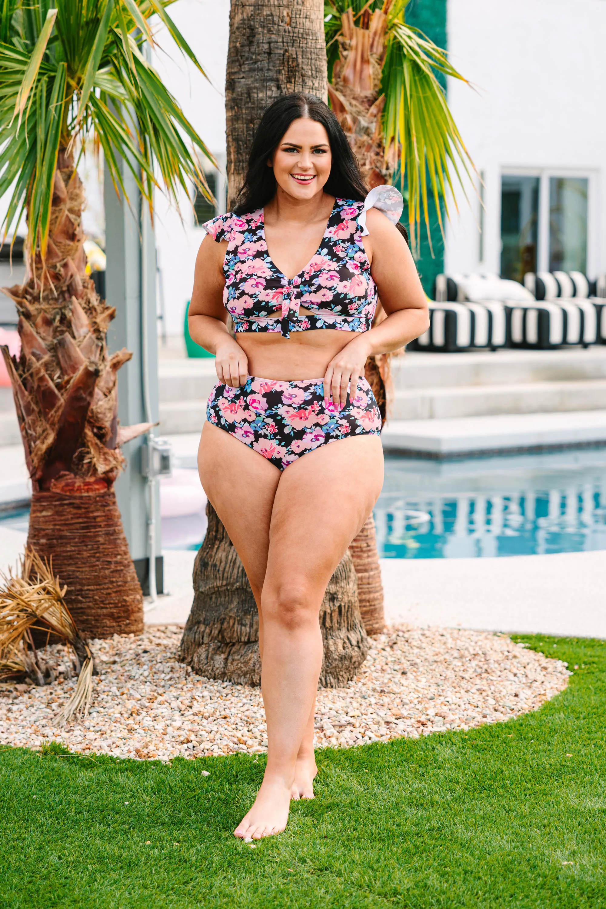 Island Getaway Swim Bottom, Black Floral