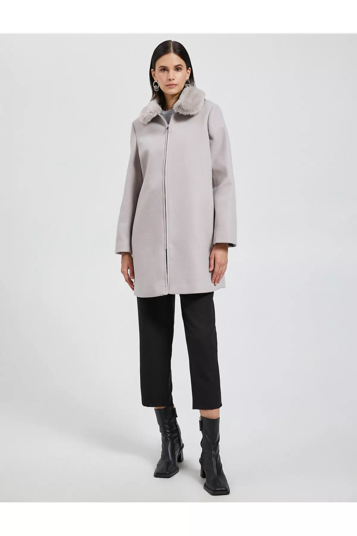 KOTON Faux Fur Collar Zip Coat