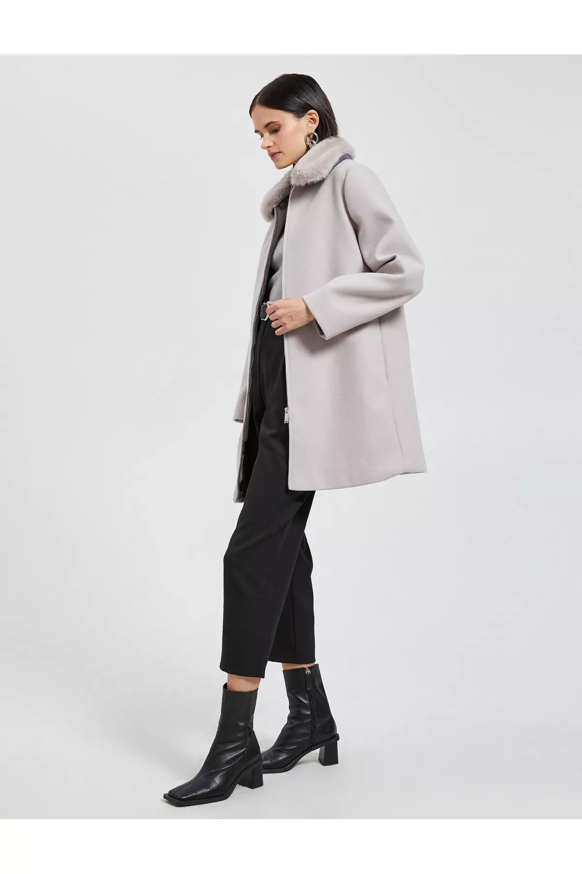 KOTON Faux Fur Collar Zip Coat