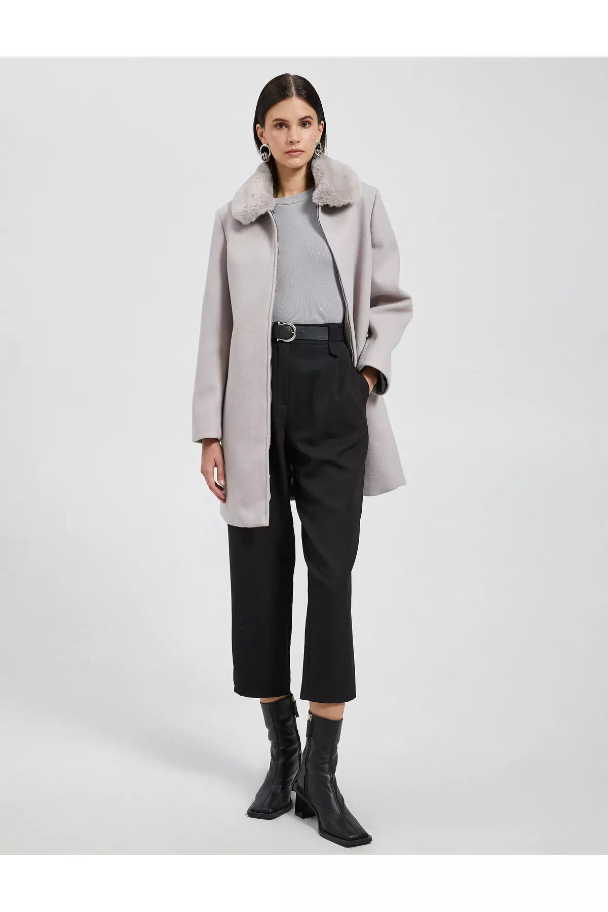 KOTON Faux Fur Collar Zip Coat