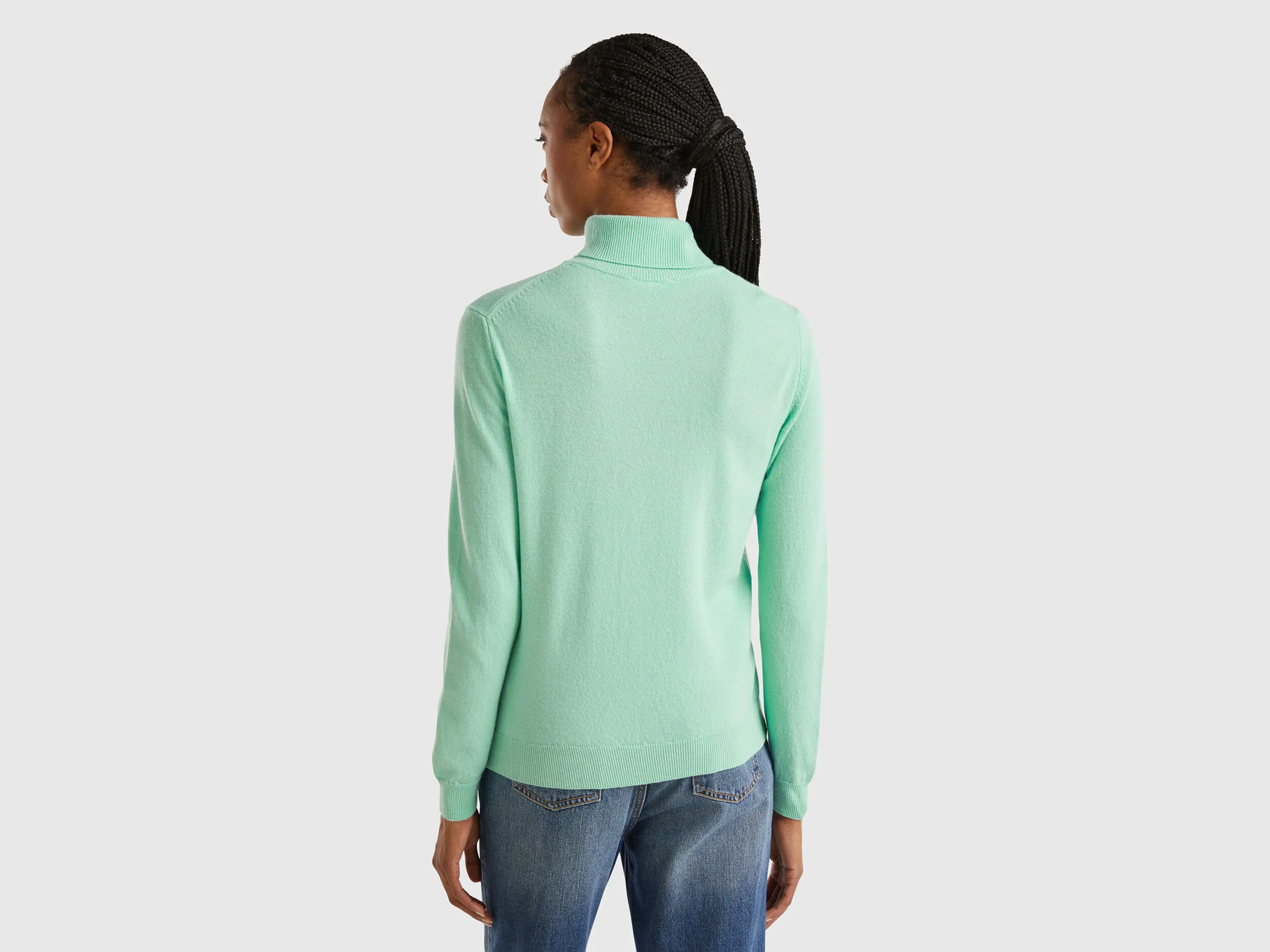 Light teal turtleneck sweater in pure Merino wool - Aqua | Benetton