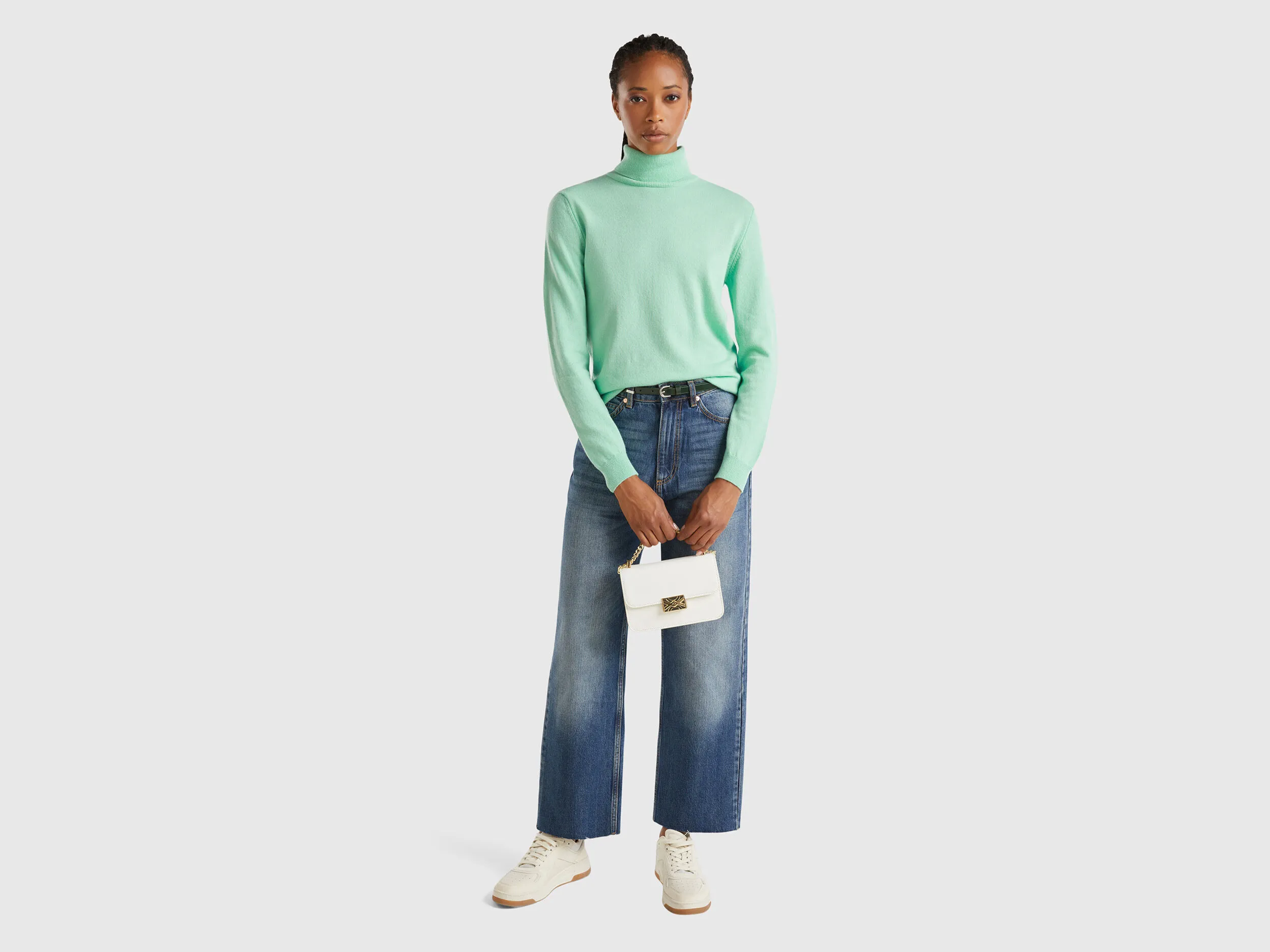 Light teal turtleneck sweater in pure Merino wool - Aqua | Benetton