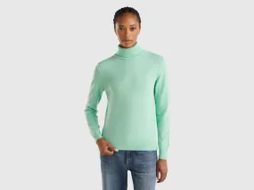 Light teal turtleneck sweater in pure Merino wool - Aqua | Benetton