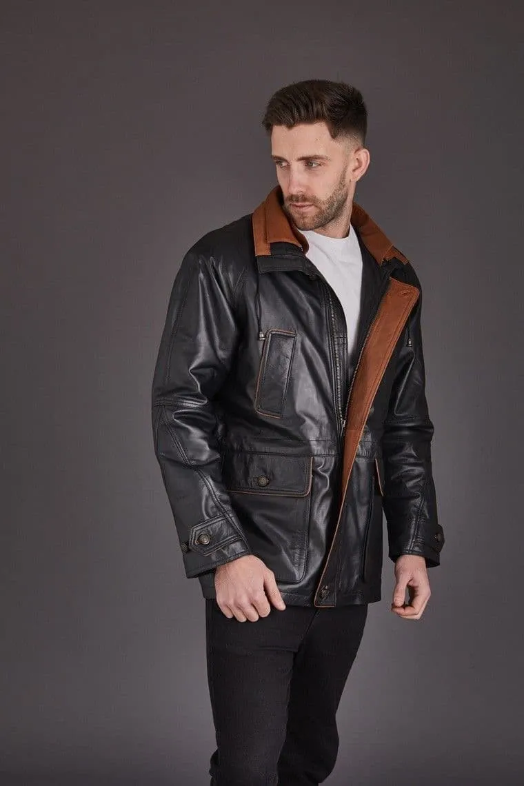 Men'S Leather Coat in Black :Cassar