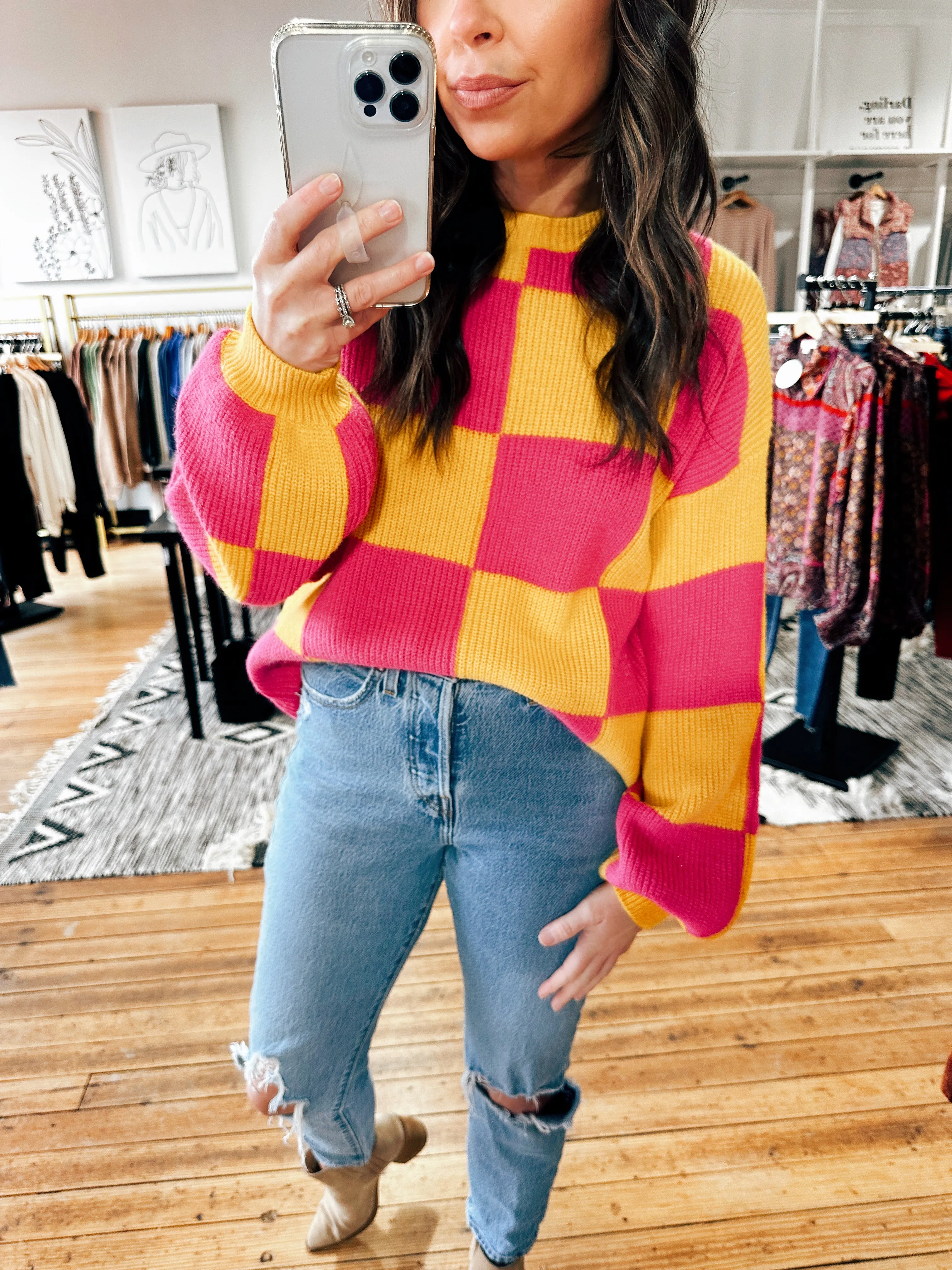 Mustard Fuchsia Checked Sweater