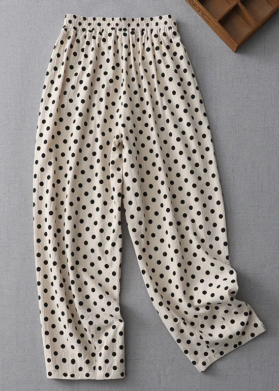 New Apricot Dot Pockets Elastic Waist Cotton Crop Pants Summer