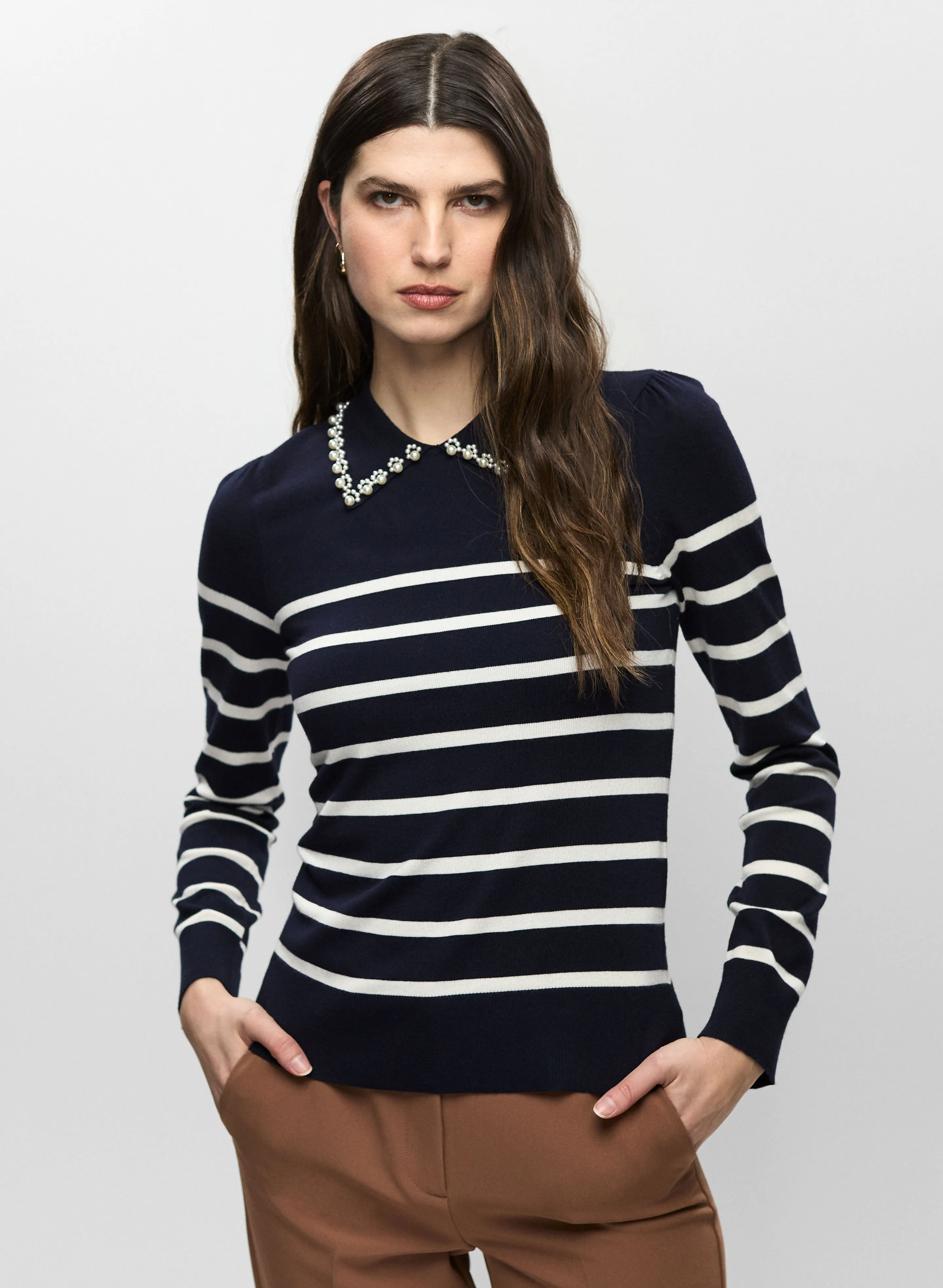 Pearl Embellished Striped Sweater