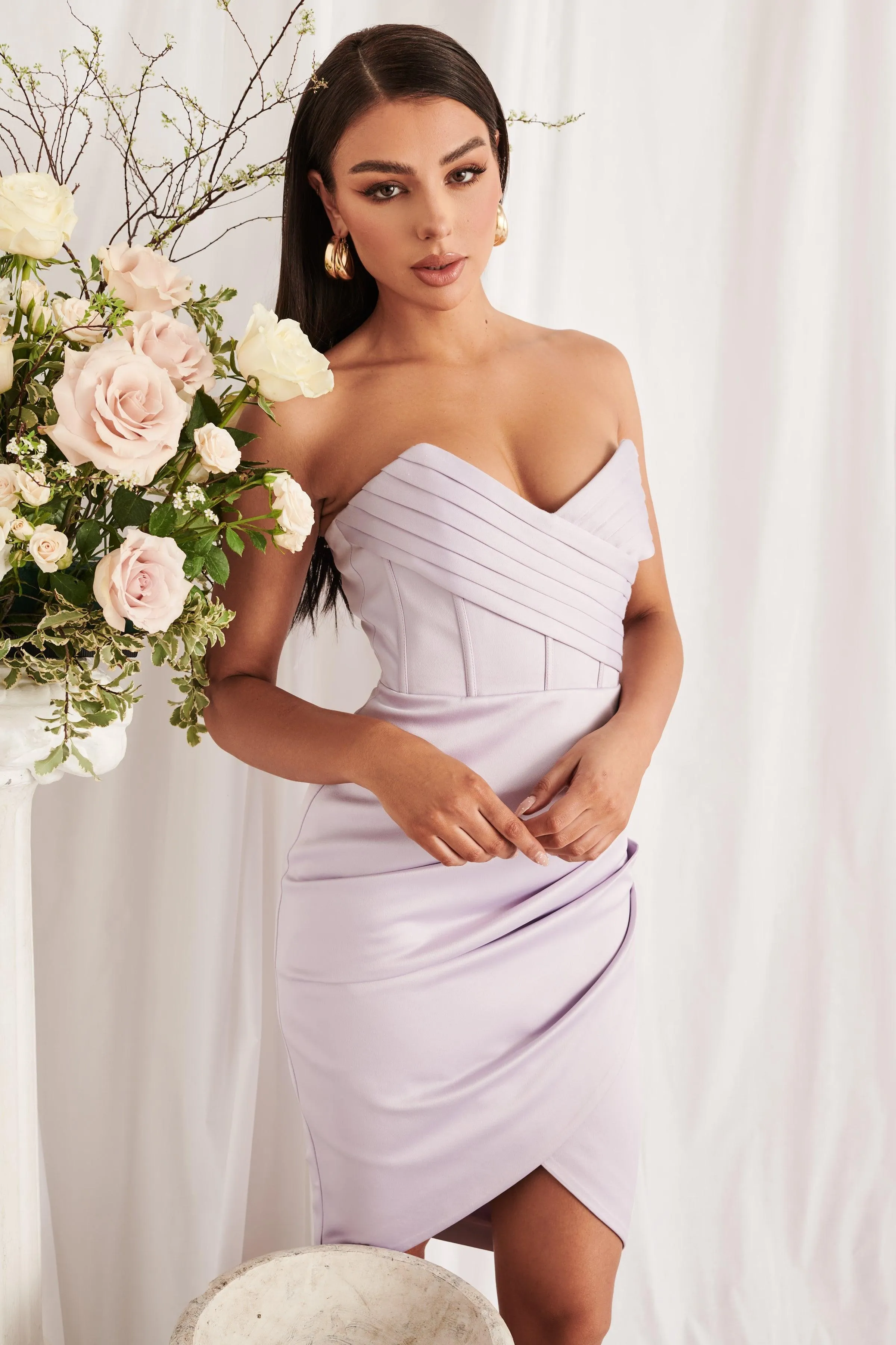 PIPER Satin Pleated Corset Bandeau Midi Dress In Lilac