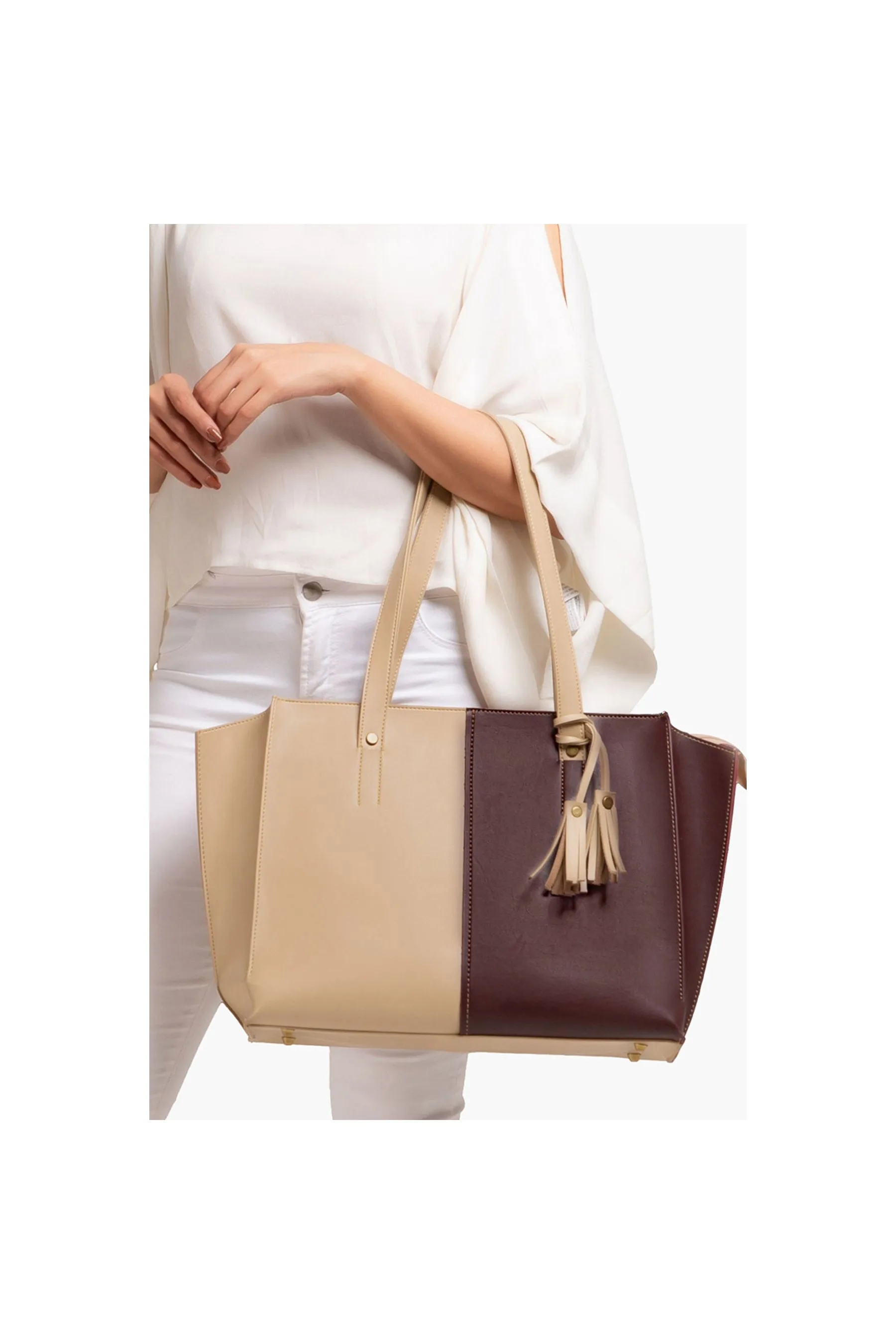 RTW Off White And Burgundy Over The Shoulder Tote Bag Multicolor Women Shoulder Bags