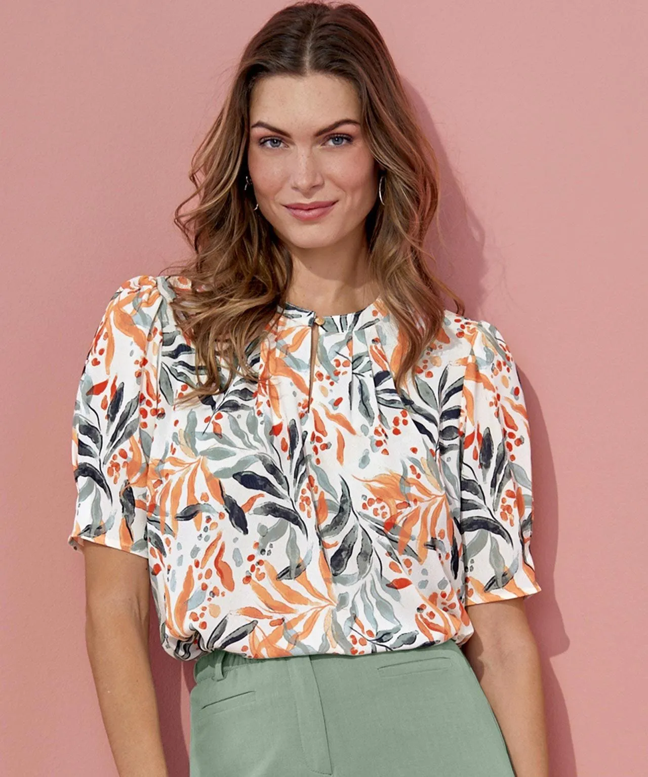 Short Sleeved Button Neck Printed Blouse