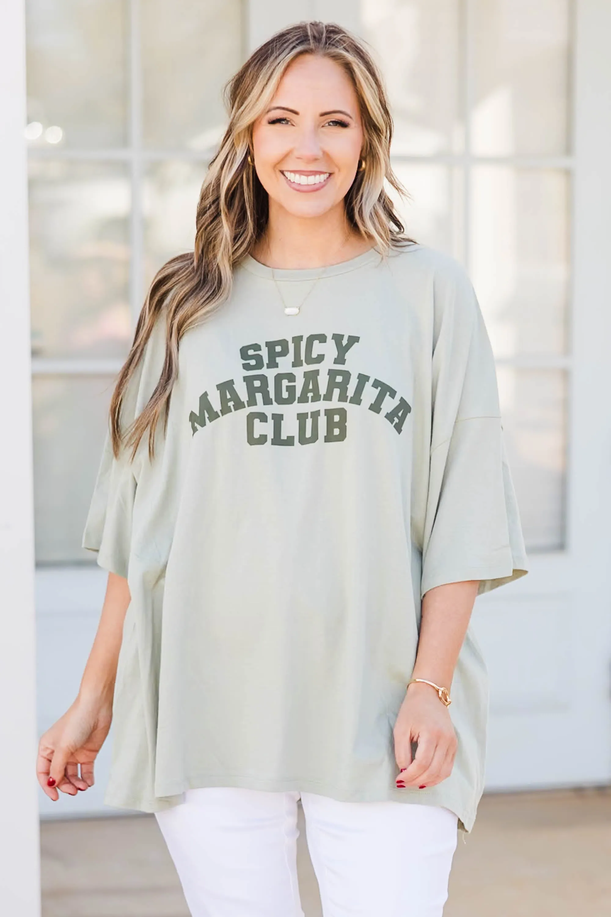 Spicy Marg In Hand Boyfriend Tee, Light Sage