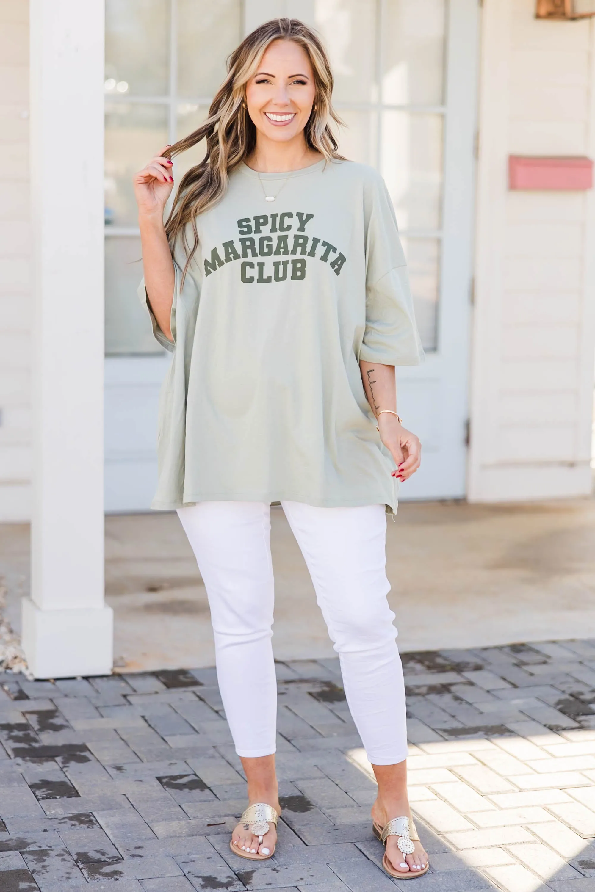 Spicy Marg In Hand Boyfriend Tee, Light Sage