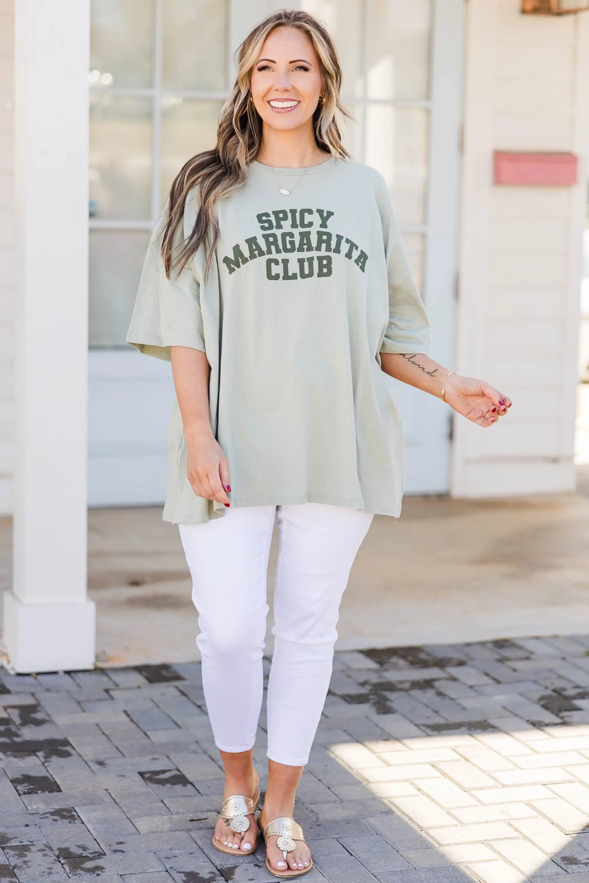 Spicy Marg In Hand Boyfriend Tee, Light Sage