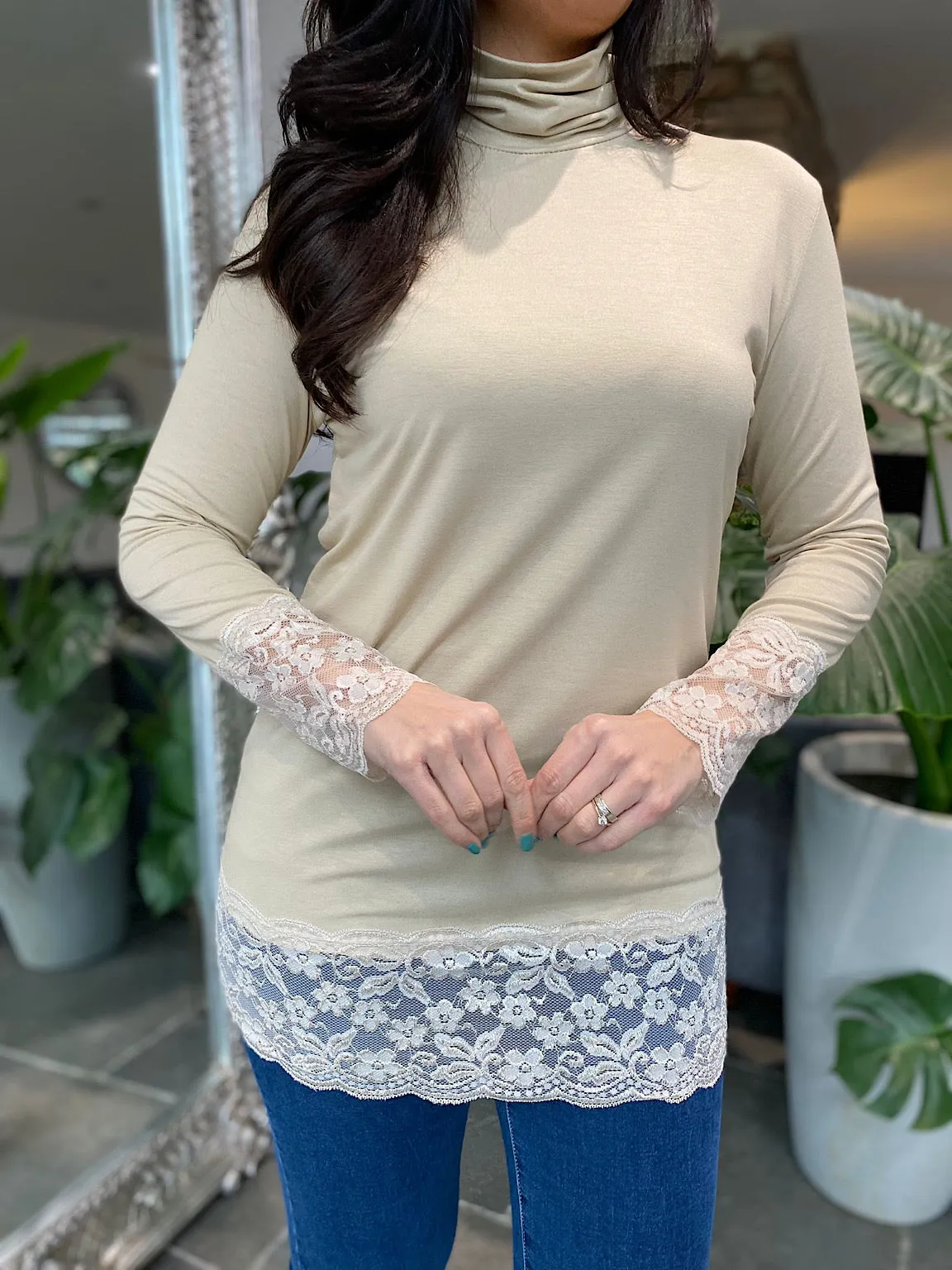 Stone Lace Trim Long Sleeve Top Ruth