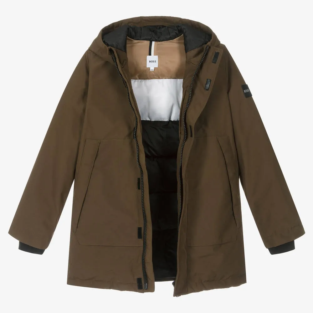 Teen Boys Brown Hooded Parka Coat